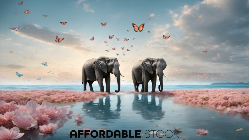 Surreal Elephants with Butterflies and Cherry Blossoms