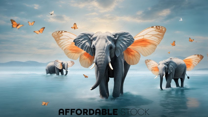 Elephants with Butterfly Wings Wading Water