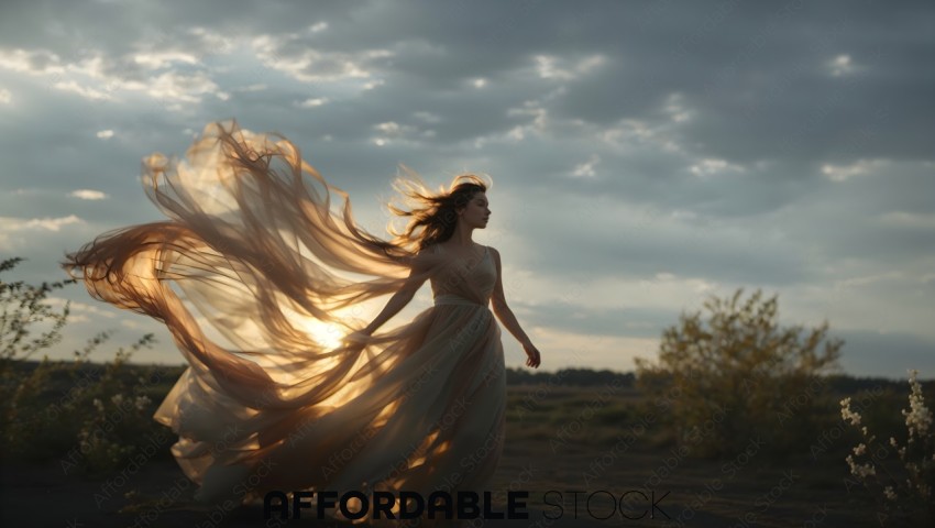 Elegant Woman with Flowing Dress at Sunset