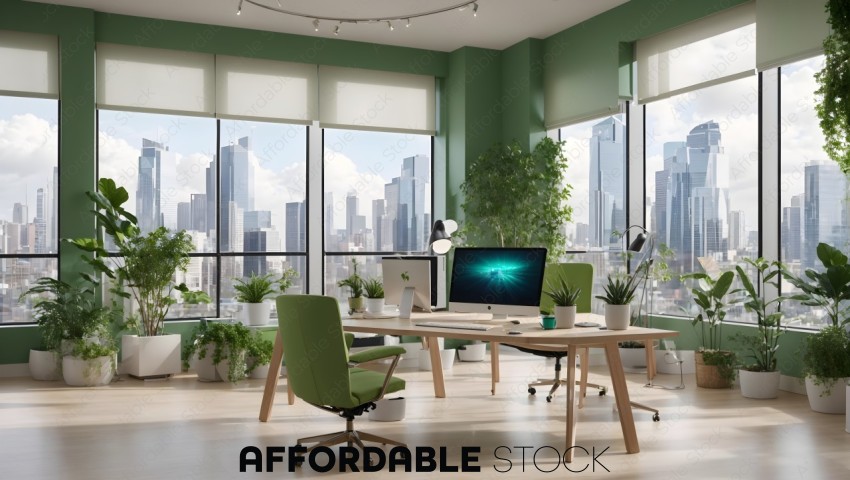 Modern Office with Cityscape View and Indoor Plants