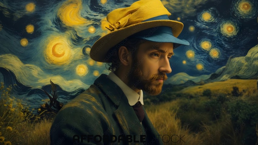Man in Historical Costume with Starry Night Backdrop