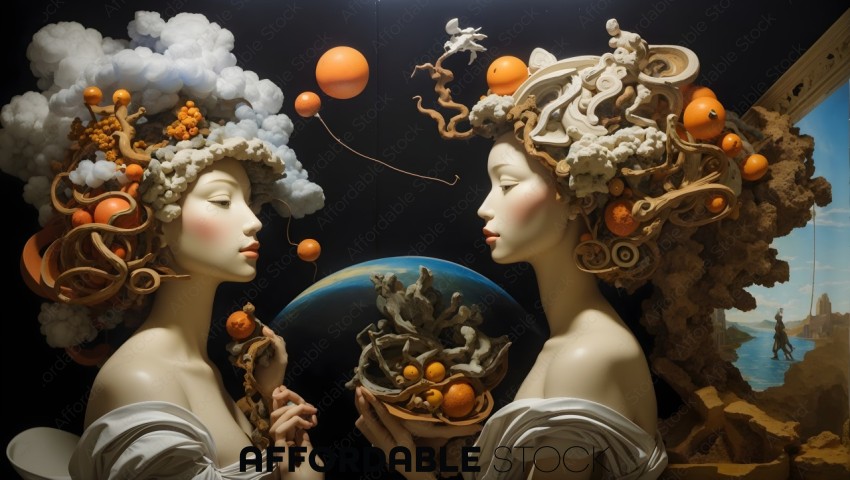 Surreal Portrait of Two Female Figures with Artistic Headpieces