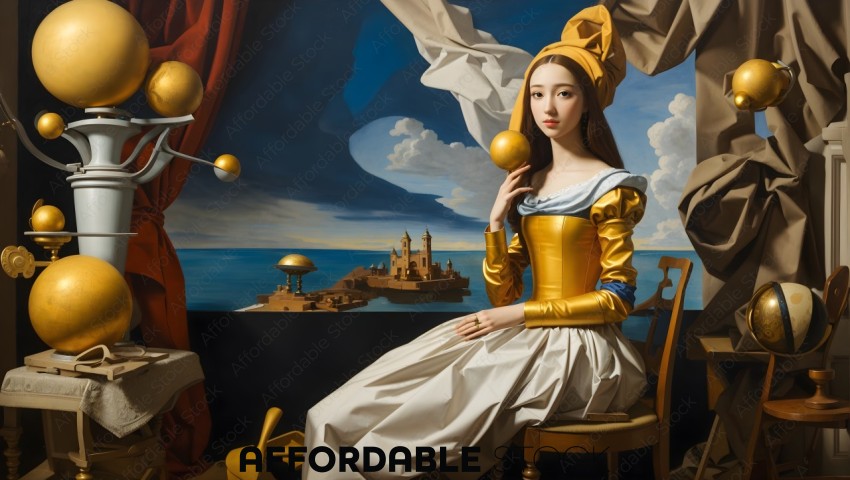 Renaissance Inspired Woman with Golden Orbs