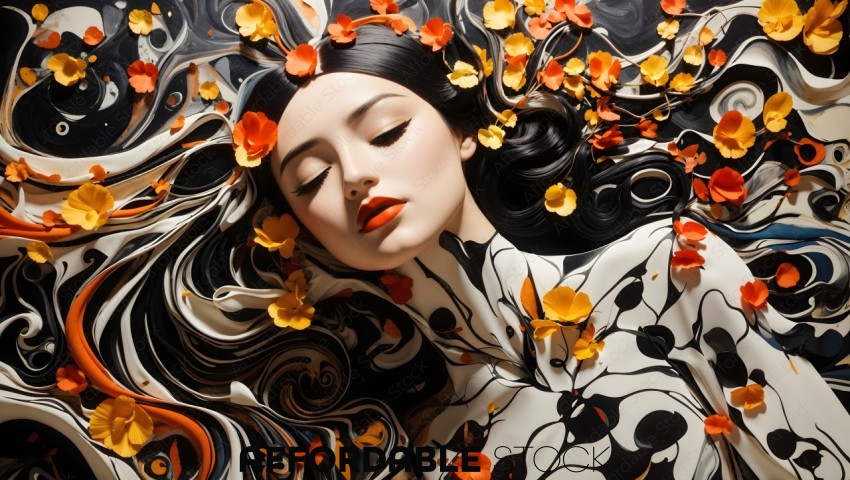 Artistic Portrait with Floral and Swirling Pattern Elements