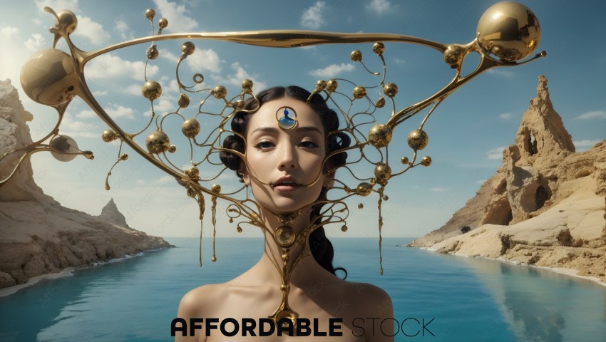 Futuristic Golden Headdress on Woman by the Sea