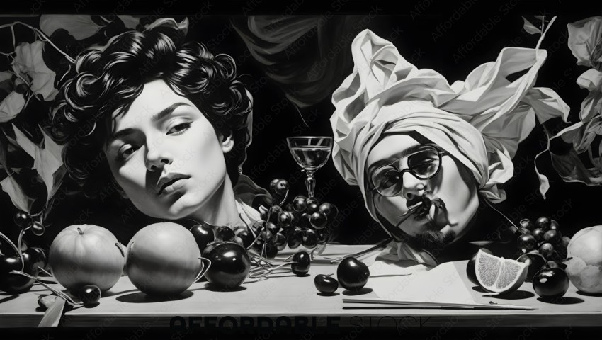 Monochrome Still Life with Portrait and Fruit