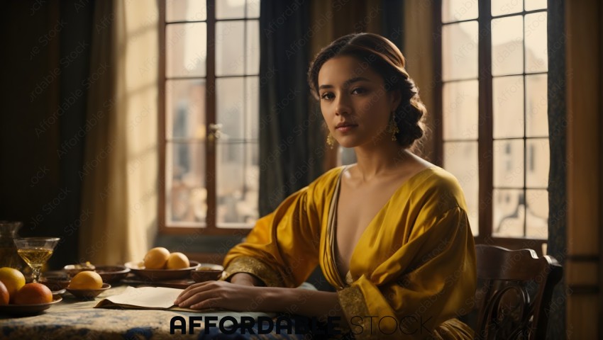 Elegant Woman in Yellow Historical Dress