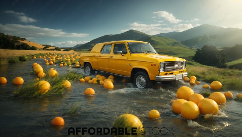 Yellow Pickup Truck with Oranges in a Stream