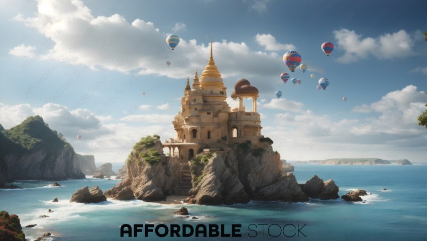 Castle on Cliffs with Hot Air Balloons