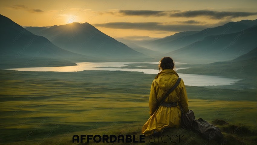 Lone Traveler Overlooking Mountain Valley at Sunrise