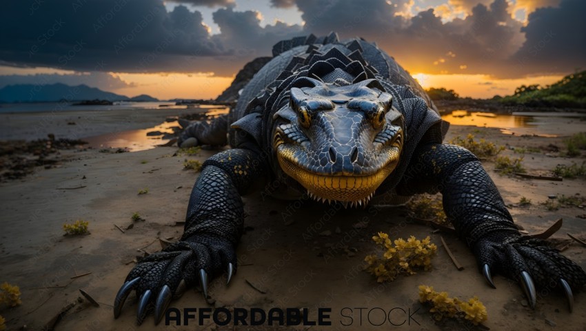 Realistic 3D Rendered Dragon on Beach at Sunset