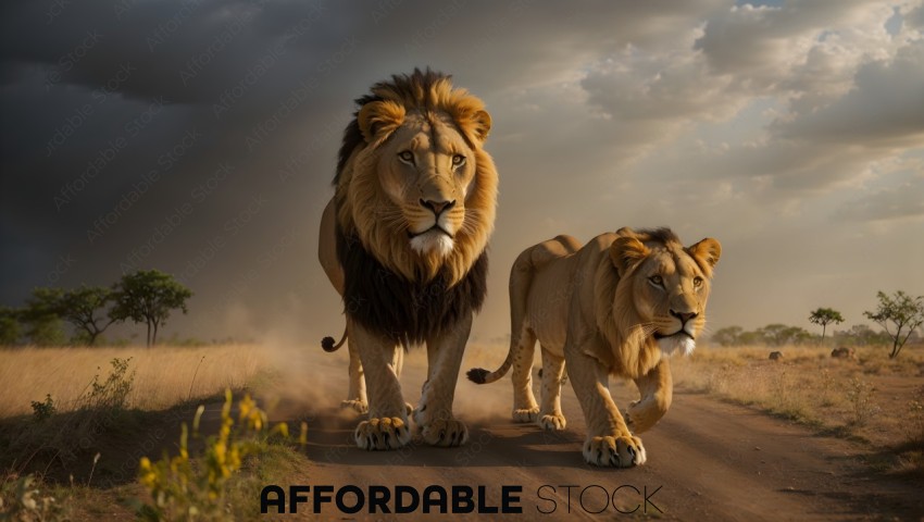Majestic Lions Roaming in African Savannah