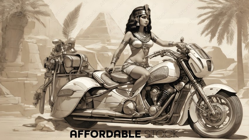 Fantasy Cleopatra on Motorcycle in Desert
