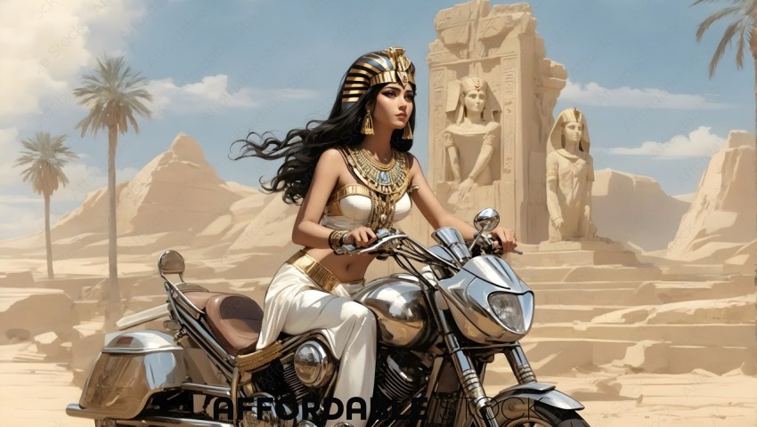 Cleopatra Riding Motorcycle in Desert