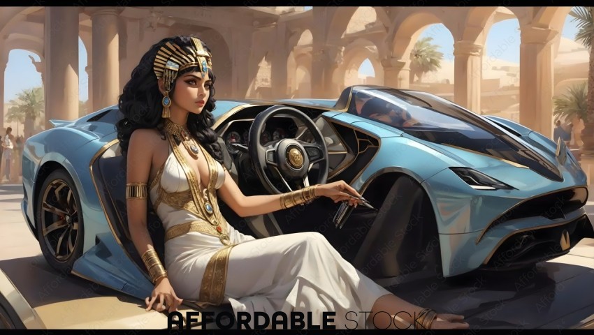 Cleopatra Concept with Futuristic Car in Ancient Egyptian Setting