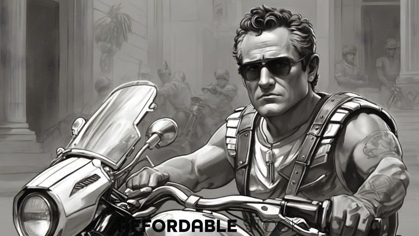 Monochrome Drawing of Man on Motorcycle