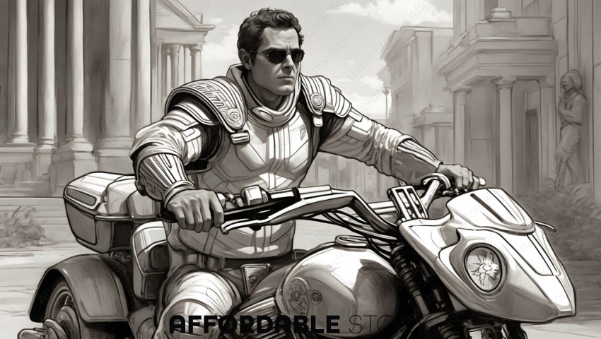 Illustrated Man on Futuristic Motorcycle