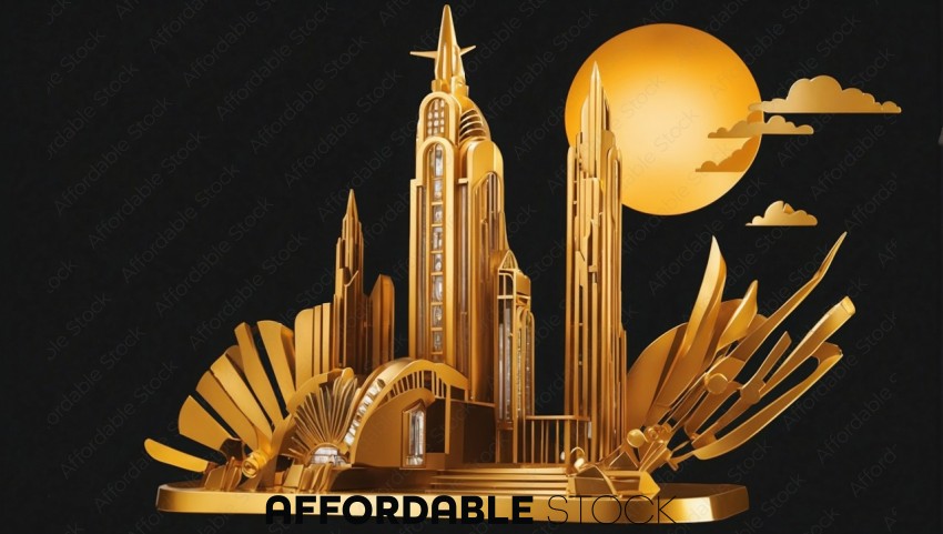 Golden Art Deco Cityscape Illustration