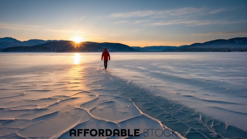 Solitary Hiker on Frozen Lake at Sunset