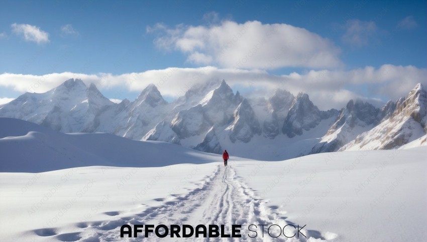 Solo Hiker in Snowy Mountain Landscape