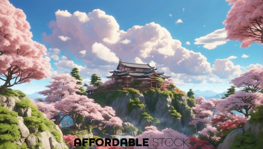 Cherry Blossom Temple Landscape
