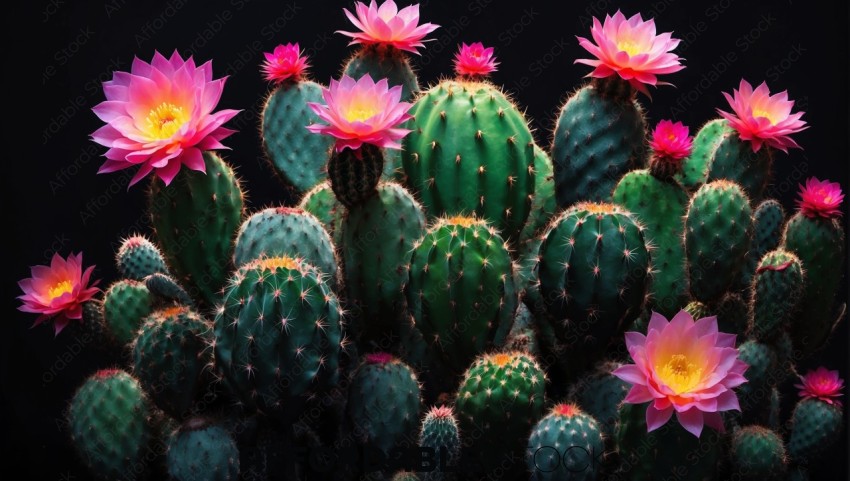 Vibrant Blooming Cacti on Dark Background