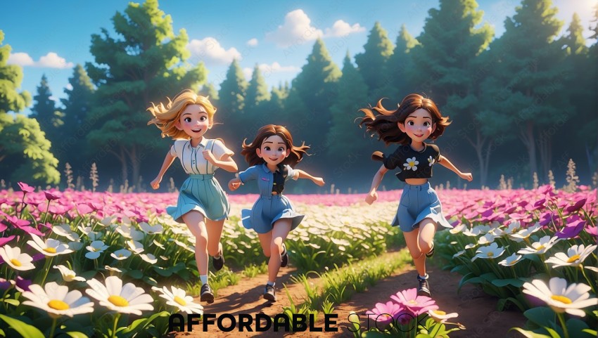 Animated Girls Running in Flower Field