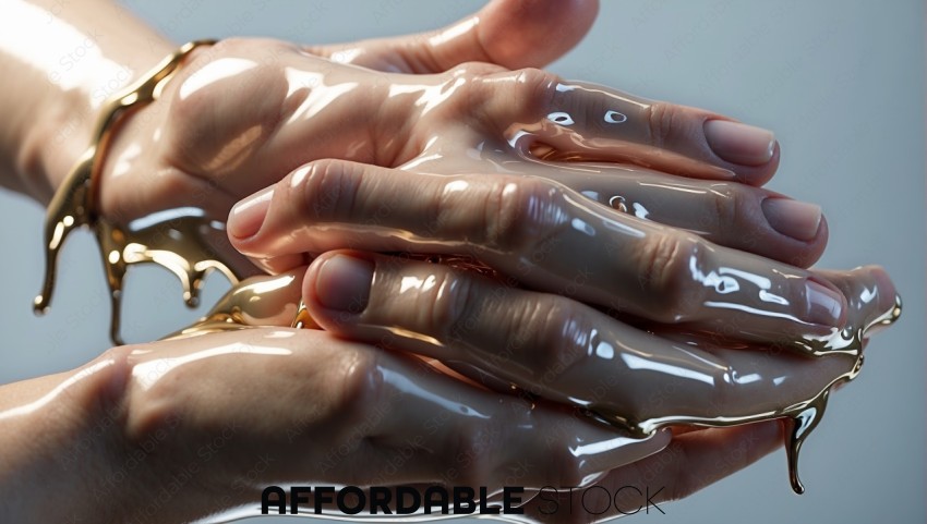 Golden Liquid Covering Human Hands