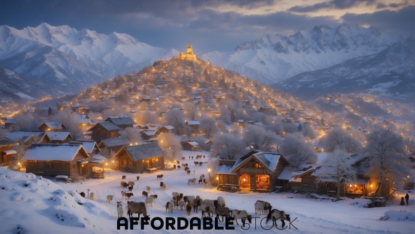 Snowy Mountain Village at Dusk with Grazing Sheep