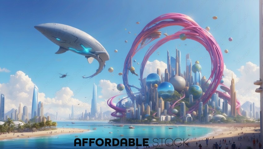 Futuristic Cityscape with Airships and Dynamic Architecture