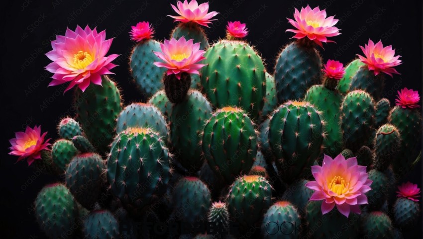 Blooming Cactus Plants on Dark Background