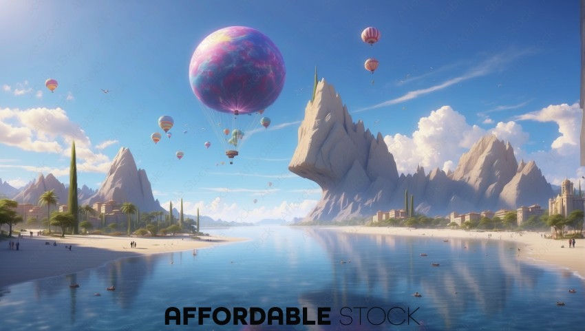 Surreal Beach Landscape with Hot Air Balloons and Giant Moon