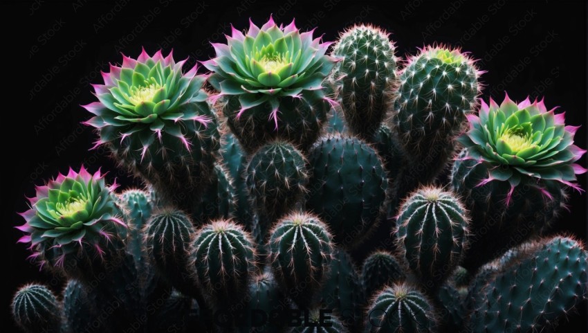 Illuminated Cactus Flowers at Night