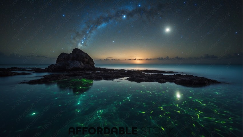 Starry Night Sky Over Bioluminescent Ocean Waves