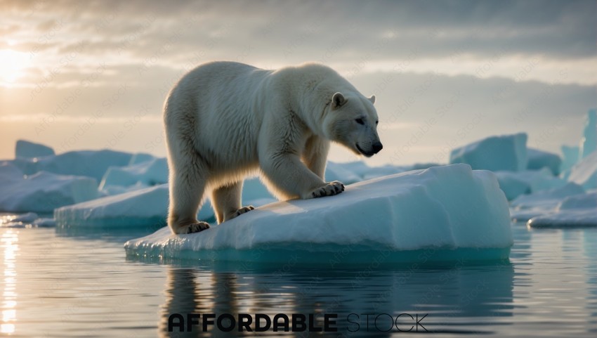 Polar Bear on Ice Floe at Sunset
