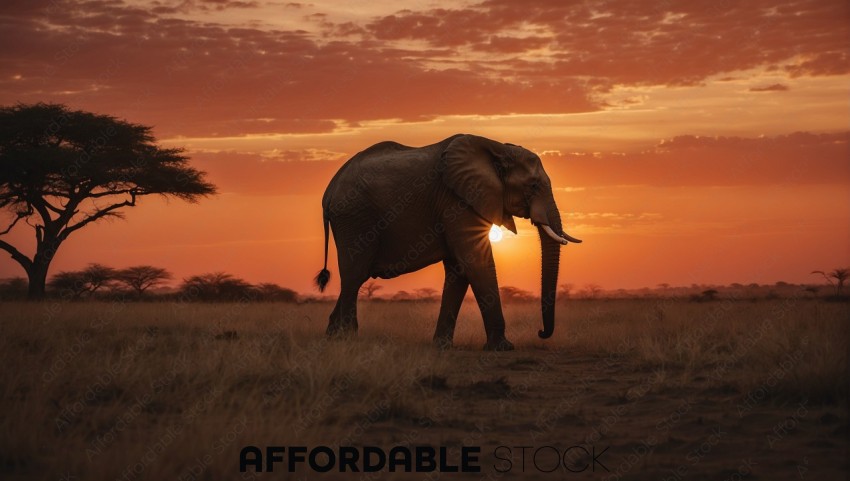 African Elephant Walking at Sunset