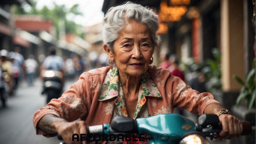 Elderly Woman Riding a Scooter in Urban Setting