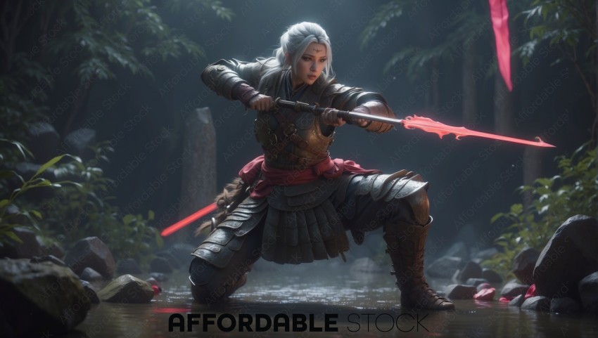 Fantasy Warrior Woman in Armor with Glowing Sword