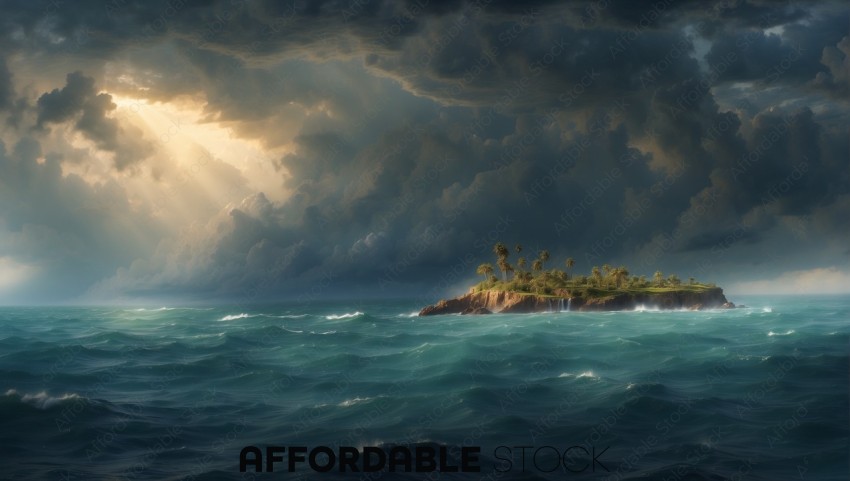 Tropical Island with Sunbeams and Rough Seas