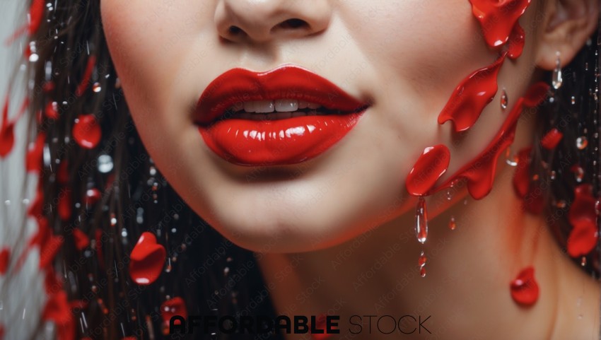 Red Glossy Lips with Dripping Hearts