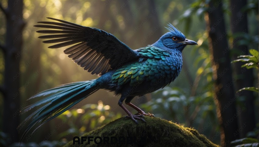 Vibrant Blue Bird Spreading Wings in Forest