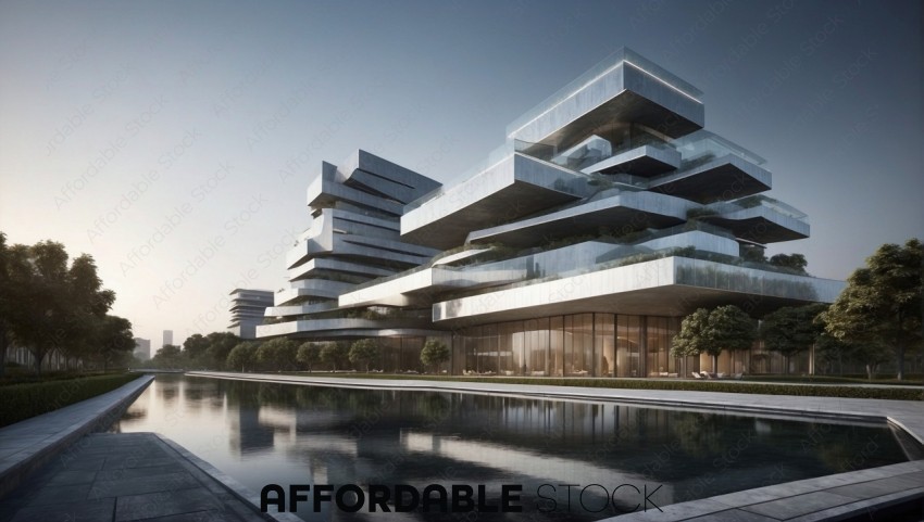 Modern Architecture Building with Reflective Waterfront
