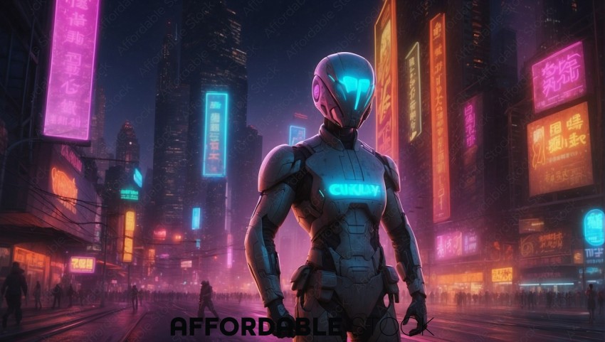 Futuristic Robot in Neon-Lit City