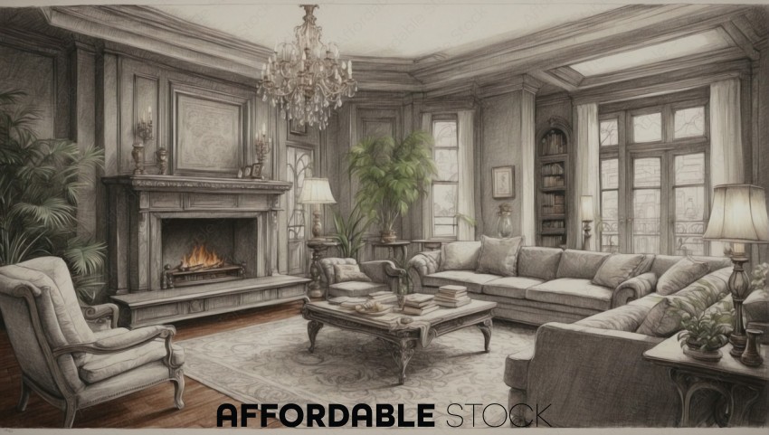 Elegant Classic Living Room Interior Sketch