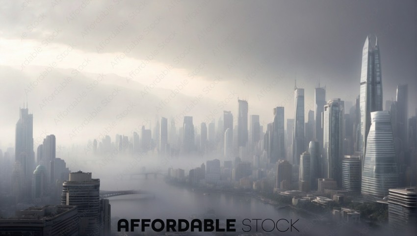 Misty Cityscape with Modern Skyscrapers