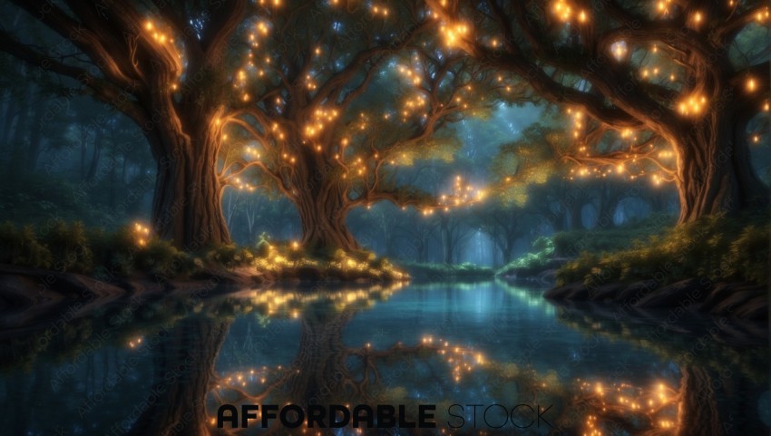 Enchanted Forest with Illuminated Trees at Night