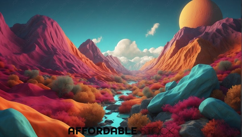 Colorful Fantasy Landscape with Giant Moon