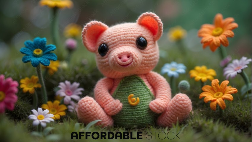 Handmade Crocheted Piglet Among Flowers