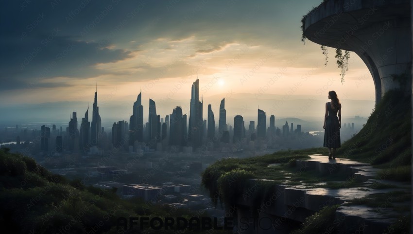 Woman Overlooking Futuristic City at Sunrise