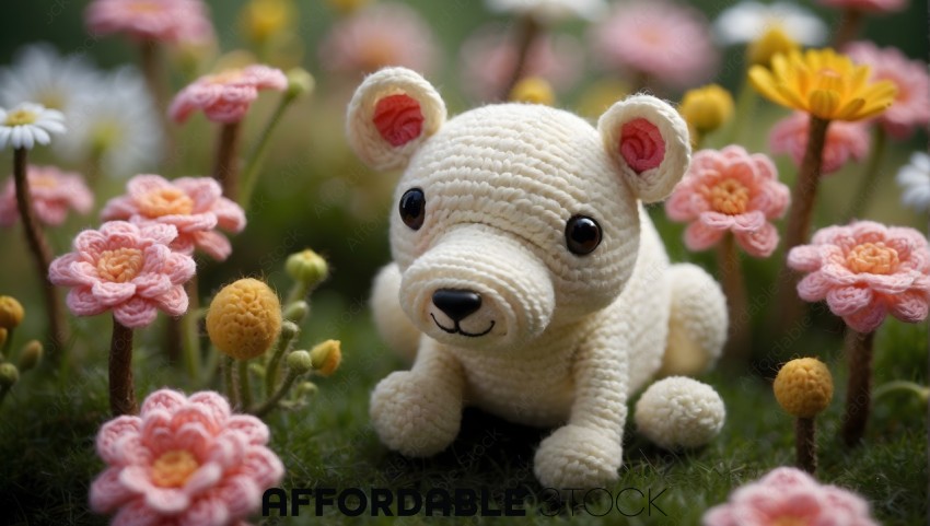 Crocheted Bear Toy in a Flower Garden